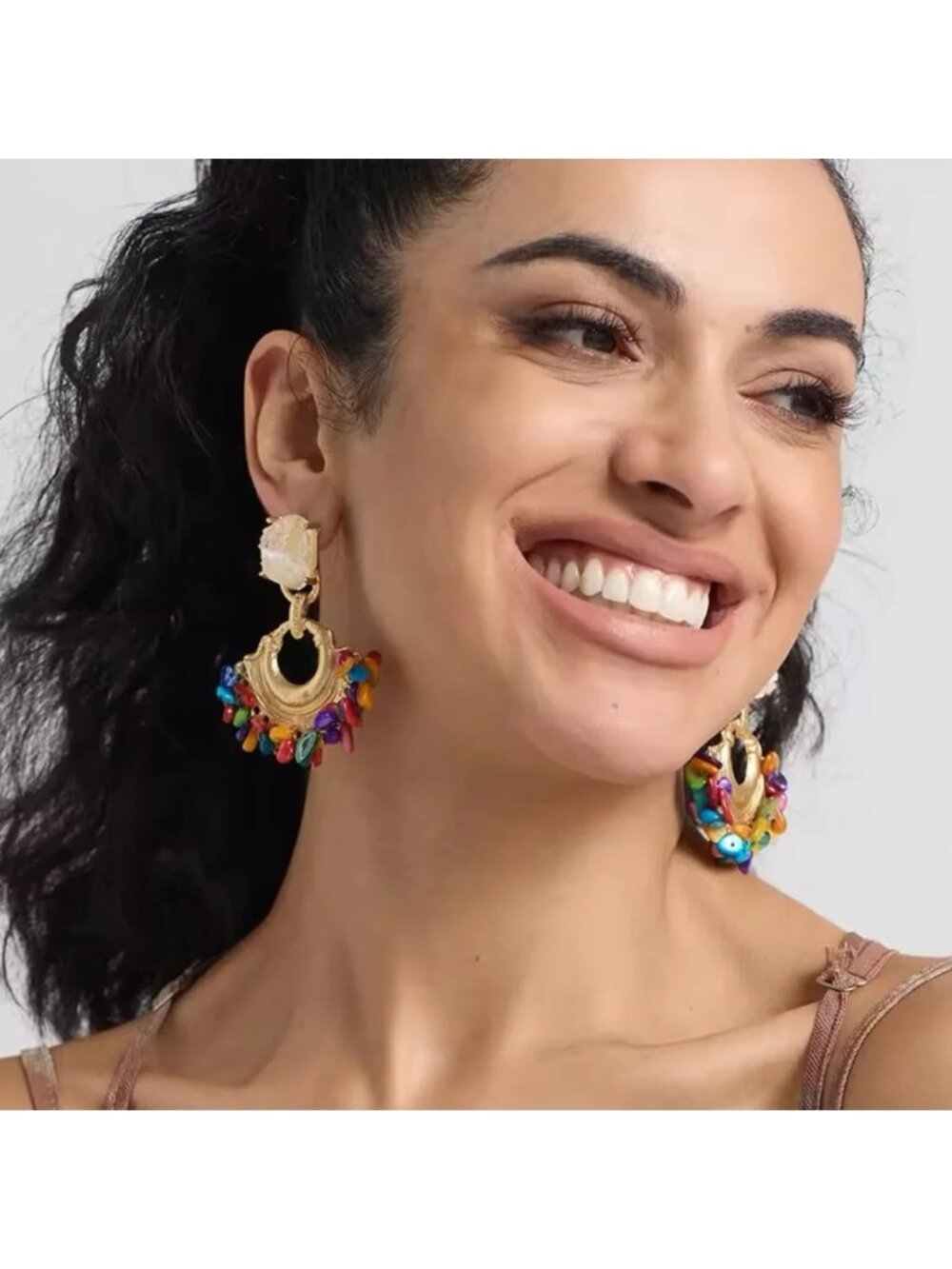 Vintage Colorful Stones Beaded Druzy Hoop Earrings